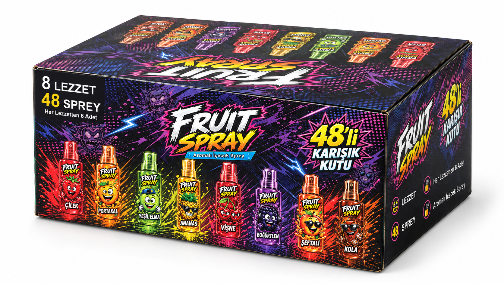 Son kutu tasarımına göre Fruit Spray’in siyah ve mor, 48 sprey içeren kapalı ürün kutusu