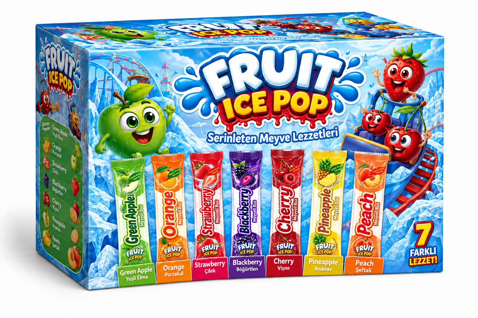 Buz mavisi Fruit Ice Pop kutusu; meyve karakterleri, lunapark ve Icepop ambalajlarıyla üç boyutlu görünüm